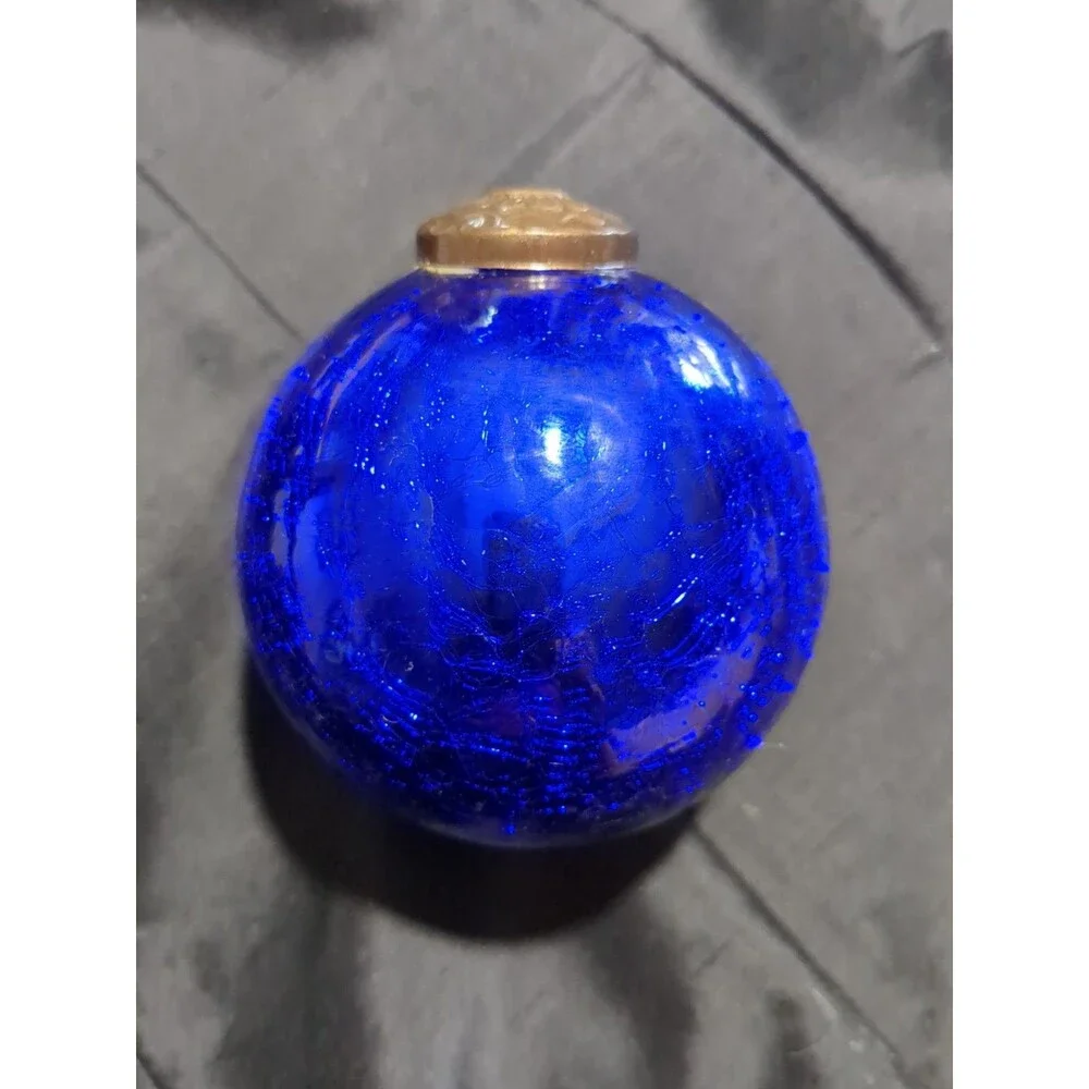 Vintage German Kugel Style Blue Ornament Brass Cap Mercury Glass Globe